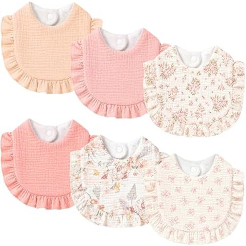 6 Pack Muslin Baby Bibs, Drool Bibs for Baby Girl Drooling and Teething, Soft and Absorbent Cotton Baby Bib for Newborn Toddler