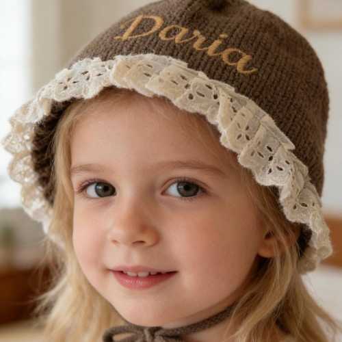 Personalized princess bonnet Custom embroidered name knit hat Cozy winter hat for baby girl Lace trim bonnet Windproof knit cap for toddlers
