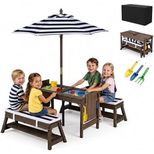HONEY JOY Kids Picnic Table, 4 in 1 Fir Wood Toddler Sand & Water Table w/Removable Box & Umbrella, Waterproof Cover, Garden Tools, Children Outdoor Table and Bench Set with Cushions (Blue)