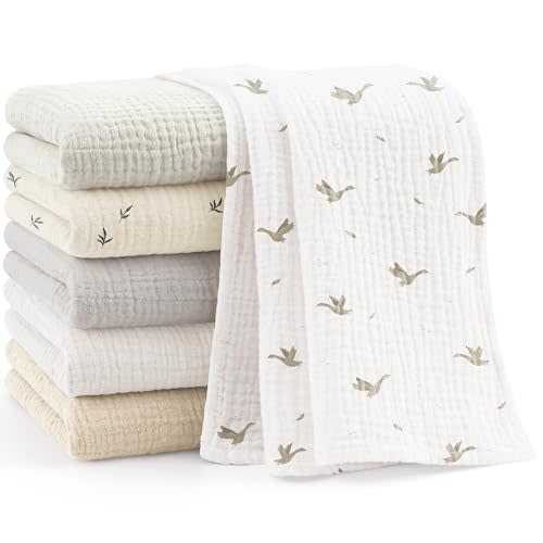 Bearmoss 6 Pack Muslin Burp Cloths for Baby, 100% Cotton Soft Large Burping Cloths for Unisex, Boy, Girl, 23.6" X 23.6" Newborn Essentials Absorbent Milk Spit Up Rags (White Apricot)