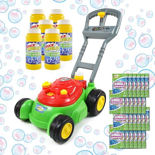 Bubble N Go Lawn Bubble Mower for Toddlers, Bubble Blowing Machines, Indoor/Outdoor Gardening Toy, Birthday Party, No Batteries Required, Includes 24oz Bubble Solution and 24 Refill Packs, Ages 2+