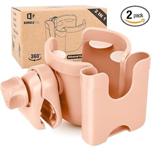 Universal Stroller Cup Holder with Mobile Phone Case, 2-in-1 Strollers Storage Rack, 360 Degrees Rotation Drink Holder for Bike, Pushchair, Wheelchair, Walker,Bicycle, Fits Most Cups (Pink)
