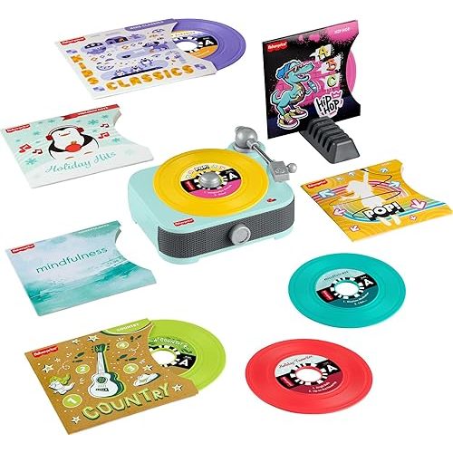 Fisher-Price Musical Toy Deluxe Rockin’ Record Player Pretend Turntable with 6 Albums for Preschool Play Plus Bonus Exclusive Holiday Album Kids Ages 3+ Years (Amazon Exclusive)