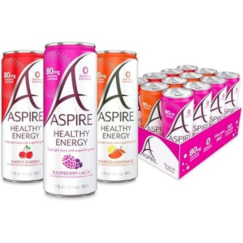 ASPIRE® Classics Variety Pack, Healthy Energy Drink 80mg Natural Caffeine, Zero Sugar No Carbs Keto Friendly, 12 Pack Green Tea Sugar Free Drink Low Caffeine Zero Calorie