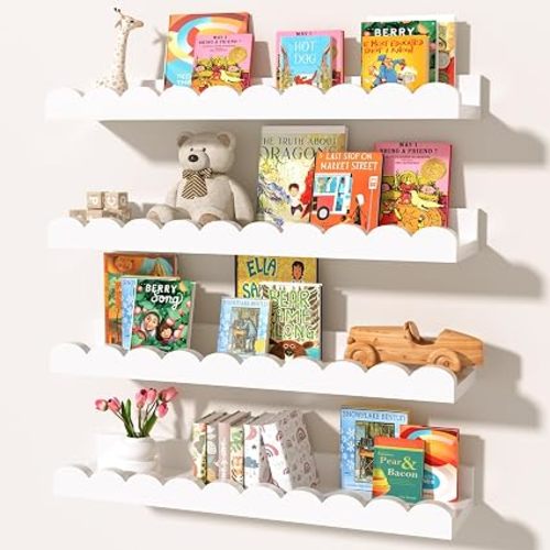 White Scalloped Nursery Shelves for Wall, 4-Pack Floating Book Shelves for Kids Room, Wall Mounted Kids Bookshelves for Bedroom, Playroom, Book and Decor Display