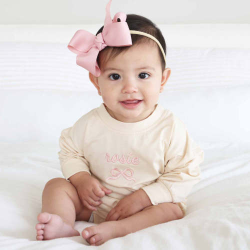 Embroidered Bow Long Sleeve Bubble Romper | Natural