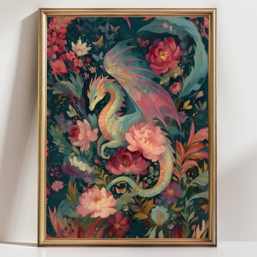 Floral Dragon Wall Art – Fantasy Creature Print – Whimsical Dragon in Flowers – Colorful Fairytale Illustration – Magical Nursery Decor