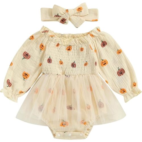 SAYOO Baby Girl Halloween Christmas Romper Cotton Linen Pumpkin Smocked Bubble Romper Bodysuit Off Shoulder Jumpsuit Outfit