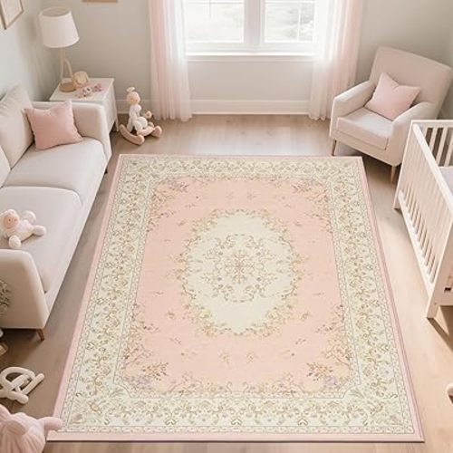 Nursery Rug for Baby Girl, Cute Pink 5x7 Area Rugs for Bedroom Non Slip, Floral Washable Soft Faux Wool Carpet for Living Room Dorm Kids Playroom Office Kids Playroom
