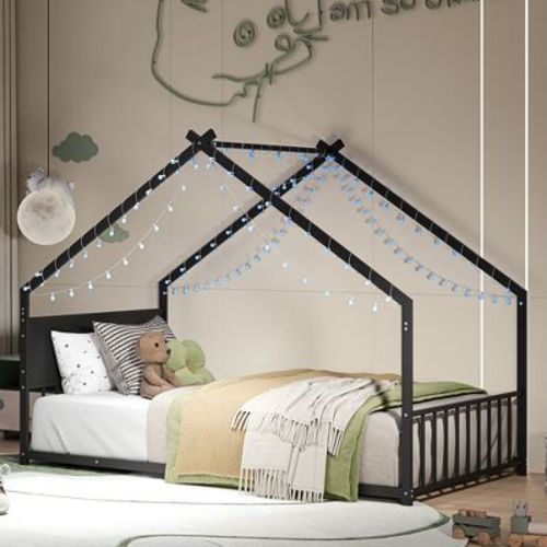 Twin Size Kid House Bed Metal Platform Bed Frame Toddler Bed with Colorful Lights, Black - ModernLuxe