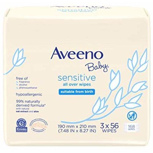 Aveeno Baby Sensitive All Over Wipes with Aloe & Natural Oat Extract for Face, Bottom & Hands, pH-Balanced, Hypoallergenic, Fragrance-, Phthalate-, Alcohol- & Paraben-Free, 3 Pks of 56 ct