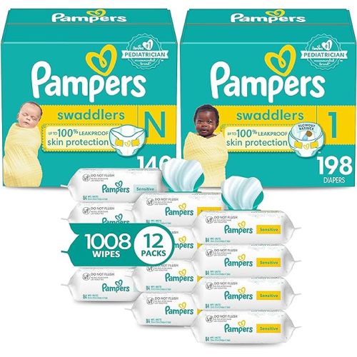 Pampers Swaddlers Disposable Baby Diapers, Newborn/Size 0, 140 Count and Swaddlers Disposable Baby Diapers, Size 1 (8-14 lbs), 198 Count - Size N, Size 1