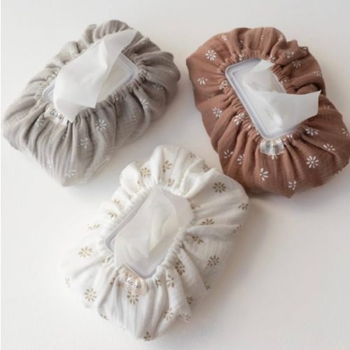 Baby Wipes Cover – Universal Size, One Size Fits All Wipes Packages | Muslin Cotton Tissue Cover for Nursery, Diaper Bag & Changing Table, Station | Gingham & Neutral Patterns (3-Daisy)