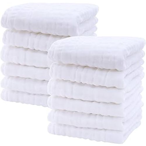 SWEET DOLPHIN 12 Pack Baby Muslin Washcloths - Soft Face Cloths for Newborn, Absorbent Bath Wash Cloths, Wipes, Burp Rag - Toddlers Essentials Stuff, Baby Registry as Shower -10"x10", White