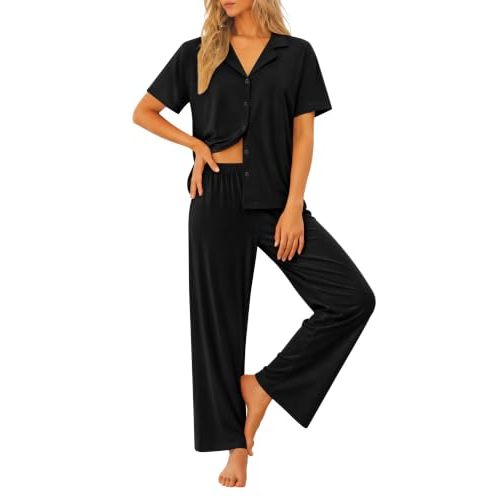 SWOMOG Women's 100% Cotton Pajamas Soft Short Sleeve Lounge Set 2 Piece Button Down Sleepwear with Pockets