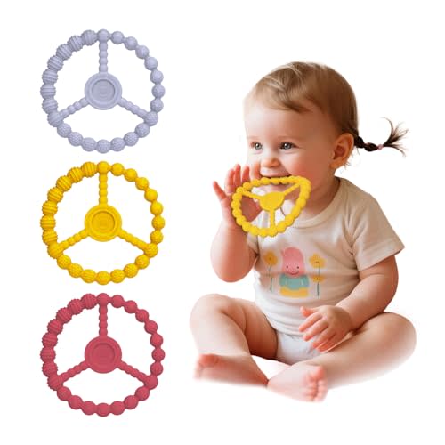 Baby Ring Teethers, 3 Pack Silicone Teething Toys for Babies 0-6 & 6-12 Months, Freezable Chew Rings Boys & Girls Relief Essentials, Infant Toddler Stocking Stuffers (Lavender Yellow Red)
