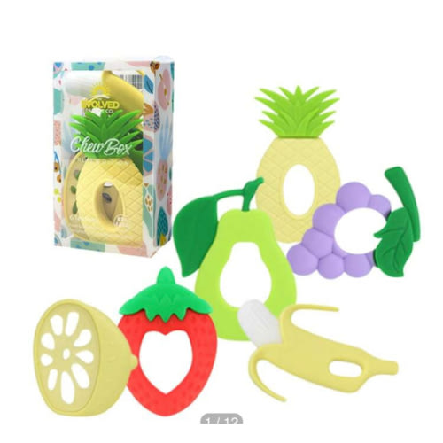Ai Bei Parent Co. Baby Teething Toys 6 Packs Silicone Baby Teethers, Freezer Organic Infant Teething Toys Soft, Molar Teether Chew Toys Set - Banana, Grape, Lemon, Pear, Strawberry, Pineapple Shape Gift