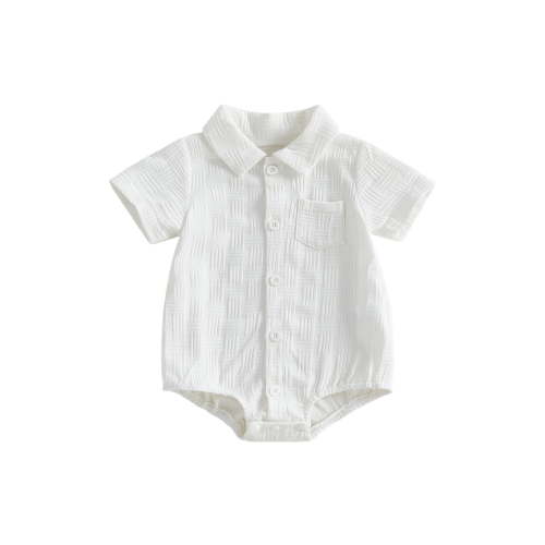 Aojekbee Infant Baby Boy Shirt Romper Summer Lapel Neck Short Sleeve Button Down Front Jacquard Jumpsuit