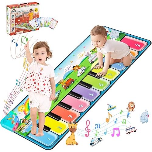 FUCEORUY Piano Mat Musical Toys for Toddlers 1-3, Sensory Learning Toy Floor Piano Playmat Toys for 1 2 Year Old Boy Girl Gifts, with 7 Animal, 7 Vehicle & 10 Songs Sound (Kids Edition)
