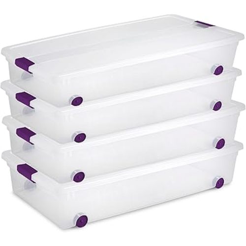 Sterilite 4-Pack 60 Quart ClearView Latch Box, Wheeled Underbed Organizer Bins with Latching Lids - Clear Plastic Organization Containers for Closet, Bedroom, Shelving Units and Everyday Home Storage