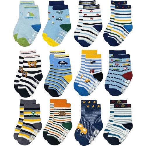 RATIVE Non Skid Anti Slip Crew Socks With Grips for Baby Infant Toddlers Kids Boys