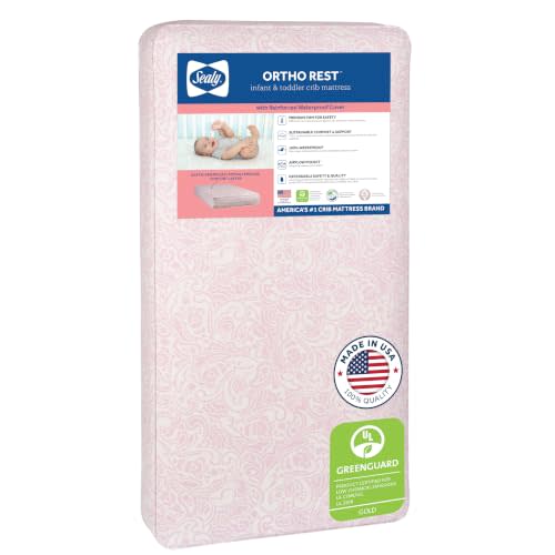 Sealy Baby Ortho Rest Waterproof Crib Mattress plus Toddler Bed Fit, 150 Extra Firm Coils, Orthopedic Comfort, GREENGUARD Gold Certified, Safety & Quality Tested, Made in USA, 52"X28" - Pink