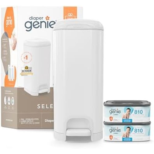 Diaper Genie Select Pail Registry Gift Set (White) | Made of Durable Stainless Steel Metal | Includes 2 Jumbo Refills | Holds 1620 Newborn Diapers