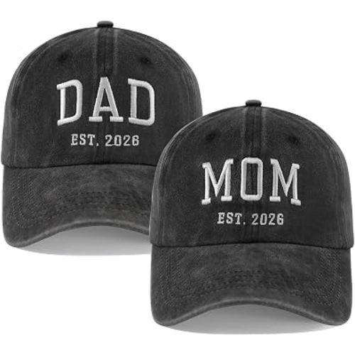 2PCS Dad and Mom EST 2026 Hats for Men Women, New Parents Gifts Cap