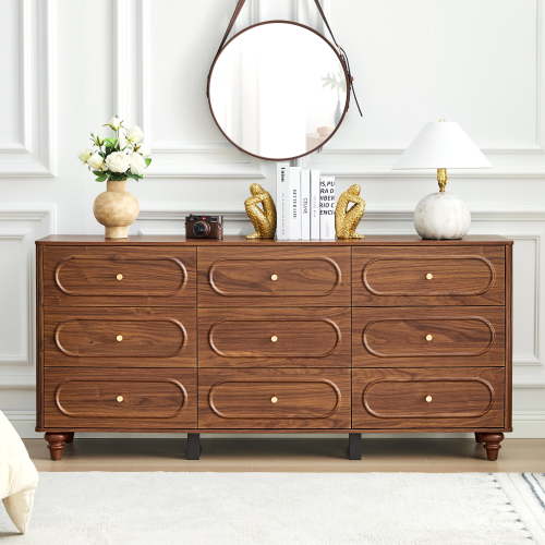 Weselon 9 Drawer Fluted Dresser for Bedroom, Mid Century Chest of Drawers with Arc Edge, Wood Storage Large Dresser Organizer for Bedroom Living Room Hallway Closet, brown