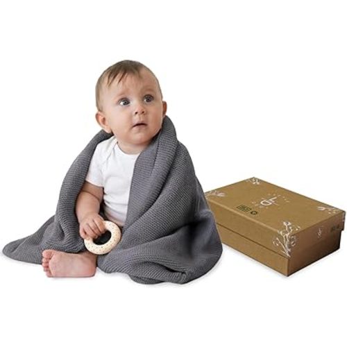 100% Organic Cotton GOTS Certified Baby Knitted Blanket with Gift Box - Soft Toddler, Crib, Stroller Blanket - Neutral Swaddle and Receiving Blanket for Newborns, 30"x40", Dark Grey