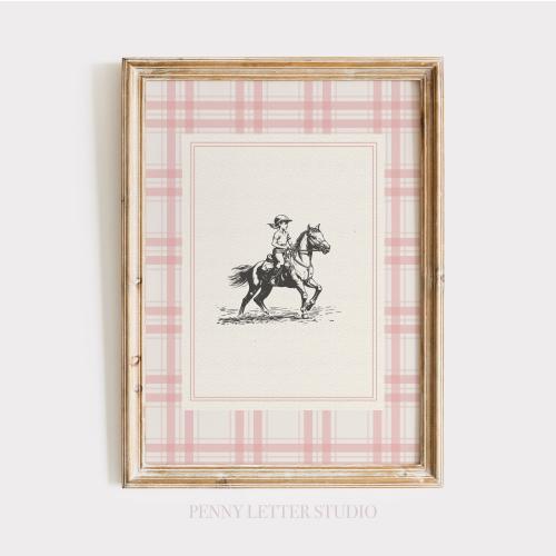 Vintage Cowgirl Nursery Print: Pink Plaid, Rustic Baby Room Art