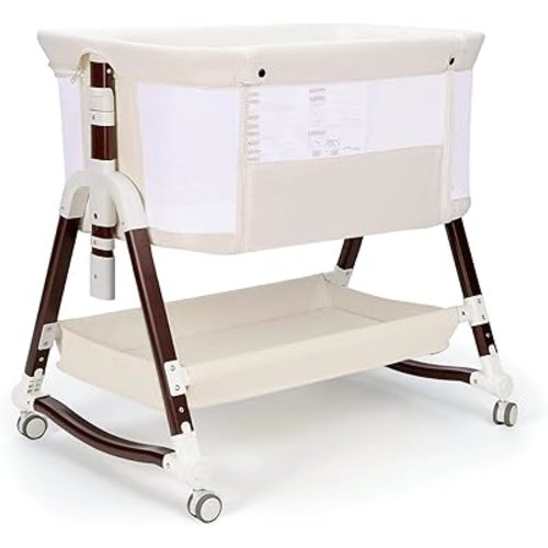4 in 1 Bedside Bassinet for Baby, Portable Baby Bassinet with Wheels, Baby Crib with Mosquito Net, Storage and Mattress Included, Foldable Travel Bassinet for Baby/Newborn (White)