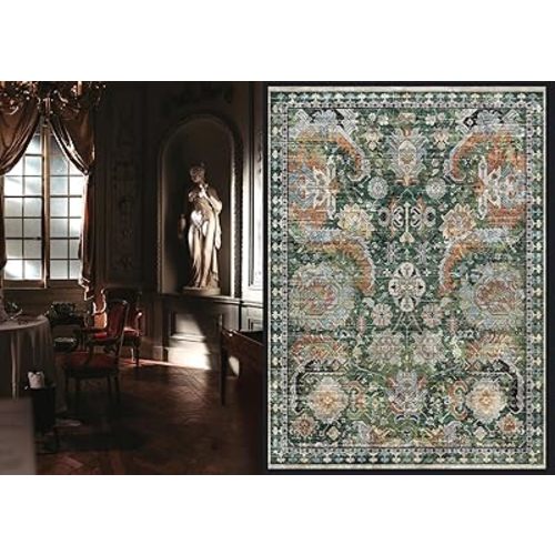RUGSURE Washable Area Rugs - Perfect for Living Room, Bedroom, Kids Room, Nursery - Stain & Water Resistant Non-Slip, Pet & Child Friendly, Vintage Tribal Area Rugs (Green, 5' x 7')