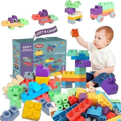 Baby Soft Blocks Building Block Toys, Blocks for Babies 6 Months and Up STEM Educational Toddler Gifts, Soft Rubber Baby Blocks 12-18 Months Big Building Blocks Sensory Toys, 70PCS