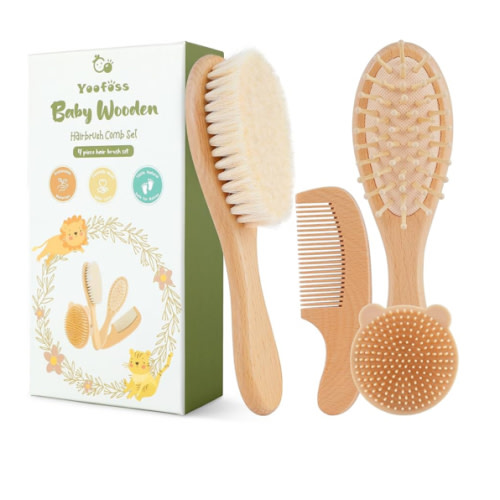Yoofoss 4 Piece Baby Brush and Comb Set, Wooden Baby Brush with Natural Ultra Soft Goat Hair, Baby Hair Brush for Newborn, Baby Brush Set for Boy Girl