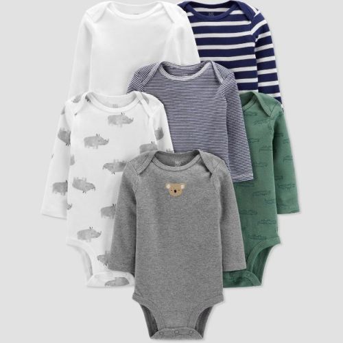 Baby Boys' 6pk Striped and Animal Print Bodysuit - Just One You® made by carter's Green/White/Blue