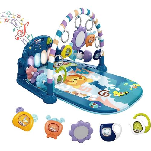 dearlomum Baby Play Mat Gym, Funny Play Piano Tummy Time Activity Mat with 5 Infant Sensory Toys, Music and Lights, Boy & Girl Gifts for Newborns 0 to 3 6 9 12 Months (Blue)
