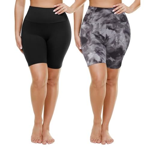 TNNZEET 2 Pack Plus Size Biker Shorts for Women - 8" Black High Waisted Tummy Control Spandex Workout Shorts (XL-4XL)