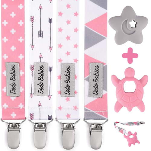 Dodo Babies Pacifier Clip & Teether Toy Set - Four Clips Plus Two Silicone Teether Toys - Universal Holder Fits Most Paci Brands - Fun Pink and Gray Prints for Girls or Boys