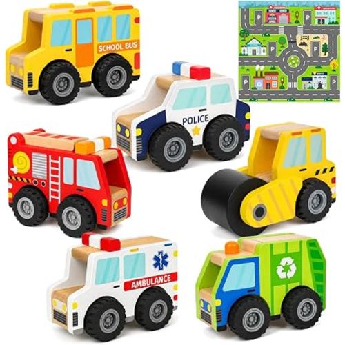 6 Pcs Wooden Push and Go Car Toys for Toddlers Kids Vehicle Playset with Matching Themed Map Wooden Early Learning Play Cars Trucks for Boys and Girls Ages 1-3