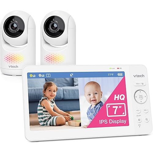 VTech Advanced HQ Max Twin 2 Camera 7” Digital Video Baby Monitor with Pan-Tilt-Zoom, Night Light, Long Range, 2-Way Talk, Display, and Lullabies, No WiFi, White