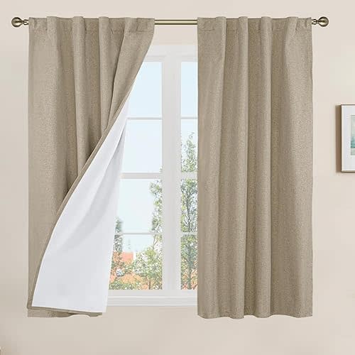 LAMIT Natural 100% Blackout Linen Curtains, 54 Inches Linen Textured Thermal Bedroom Curtains Back Tab and Rod Pocket Neutral Panels with White Liner for Farmhouse, 2 Panels, 38 x 54 Inch, Taupe
