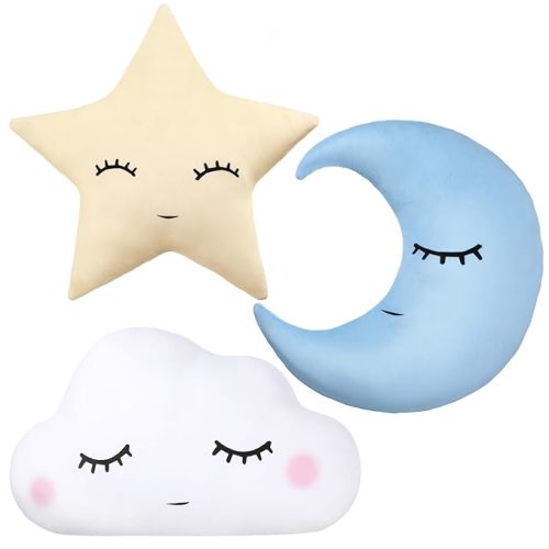 Chunful 3 Pcs Children Moon Star Cloud Cushion Soft Plush Cloud Shaped Pillow Stuffed Stars and Moon Nursery Decor Home Decor for Bedroom Crib Party Supplies (Blue Yellow White)