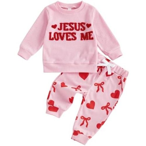 Toddler Baby Girl Valentines Outfit Waffle Heart Embroidery Long Sleeve Pullover Jogger Pants 2pcs Spring Clothes