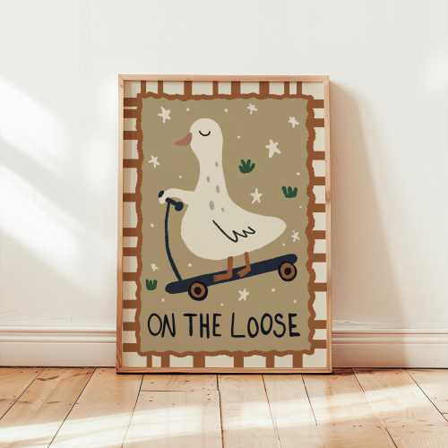 On the Loose Goose Nursery Wall Art, Goose Riding Scooter Print, Funny Kids Room Decor, Retro Nursery Poster, Silly Goose Playroom Wall Art
