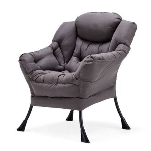 Foldable Lightweight Single Steel Frame Accent Chair With Armrests And Side Pocket For Home Or Office, Grey