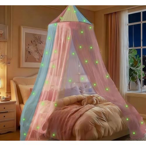Rainbow Princess Bed Canopy for Girls with Glowing Stars | Colorful Canopy Bed Curtains with Glow-in-the-Dark Stars, Round Mosquito Net, Fits Single, Twin, Full, Queen Size Bed