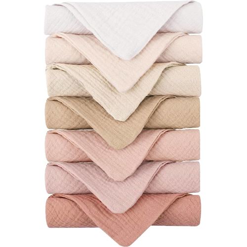 Konssy Baby Muslin Washcloths 7-Pack, 100% Cotton Baby Bath Washcloths, Soft & Absorbent Wash Cloths and Burp Cloths for Newborn Kids Girls & Boys, 11x11 inches