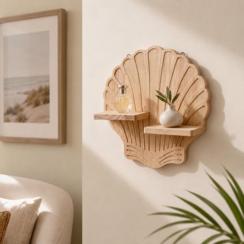 Seashell Wooden Wall Shelf | Coastal Floating Display Shelf | Beach House Wall Decor | Nautical Storage Rack