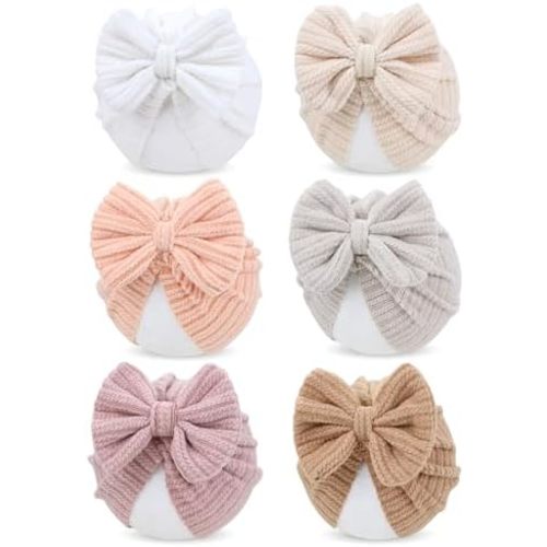 Cinaci 6 Pack Nursery Hospital Caps Bonnets Beanies Headwraps Turban Hats with Bow for Baby Girls Newborns Infants Toddlers